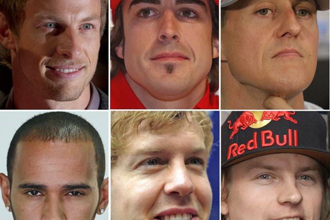 V letošnji sezoni bo dirkalo šest svetovnih prvakov: (od leve zgoraj) Jenson Button, Fernando Alonso, Michael Schumacher, (od...