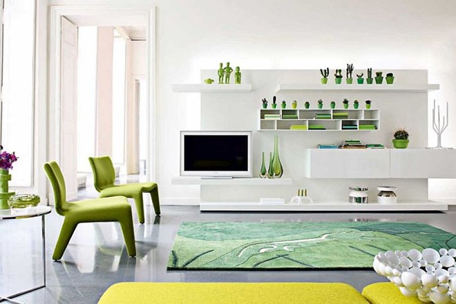 Poživljajoče ideje za dnevno sobo v zelenobelih tonih