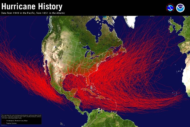 Smeri hurikanov, ki so od leta 1949 nastali nad Pacifikom in od leta 1851 nad Atlantikom.National Hurrican Center.