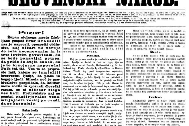 Slovenski narod je 16. aprila 1895 poročal o razdejani Ljubljani 
