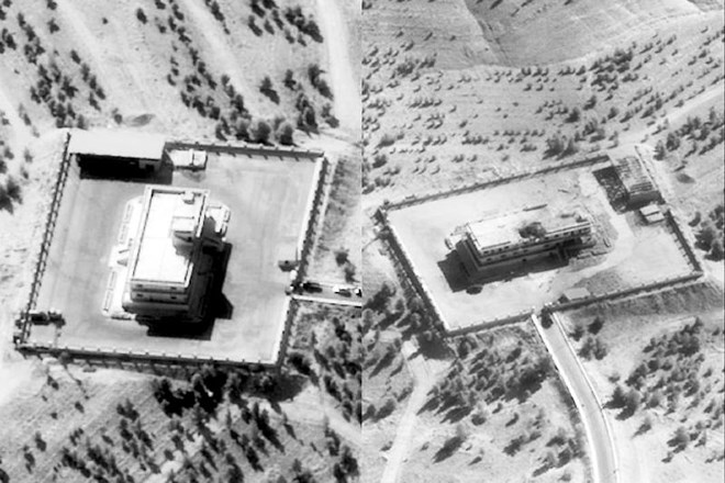 Zračni posnetek poveljniškega in nadzornega centra vojske  Islamske države pred napadom (levo) in po zadetku rakete,...