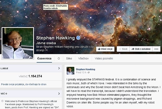 Facebook začel uporabljati še Stephen Hawking 
