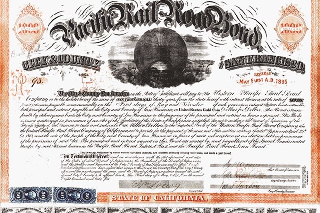 30-letno obveznico Pacific Railroad Bond št. 93 je leta 1864 izdalo mesto/okraj San Francisco za namen financiranja izgradnje...