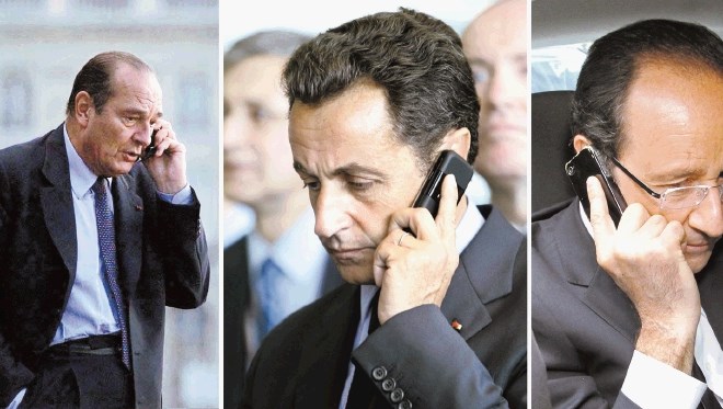 Z leve: trije francoski predsedniki, Jaçques Chirac, Nicolas Sarkozy in François Hollande, se pogovarjajo po telefonu. Jih...
