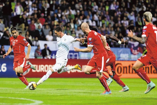 Milivoje Novaković (v beli majici) je bil strelec gola iz enajstmetrovke za zmago proti Švici z 1:0 oktobra lani v Mariboru....