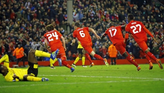 Po zadetku Dejana Lovrena v 91. minuti se je slavje na Anfieldu lahko začelo. (foto: Reuters)