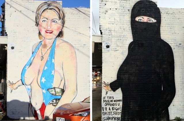 Prvotni grafit preveč razgaljene Hillary Clinton in končna različica, na kateri kraljuje burka. (Foto: Reuters)