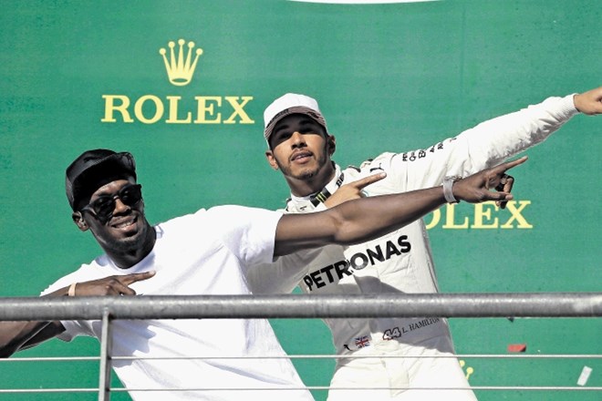 Lewis  Hamilton je zmago proslavil skupaj z atletsko legendo Usainom Boltom.