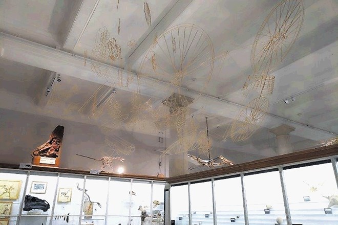 Krhka instalacija iz bambusovih paličic in svile nad vitrinami v geološkem muzeju povzema dele Duchampove mojstrovine Veliko...