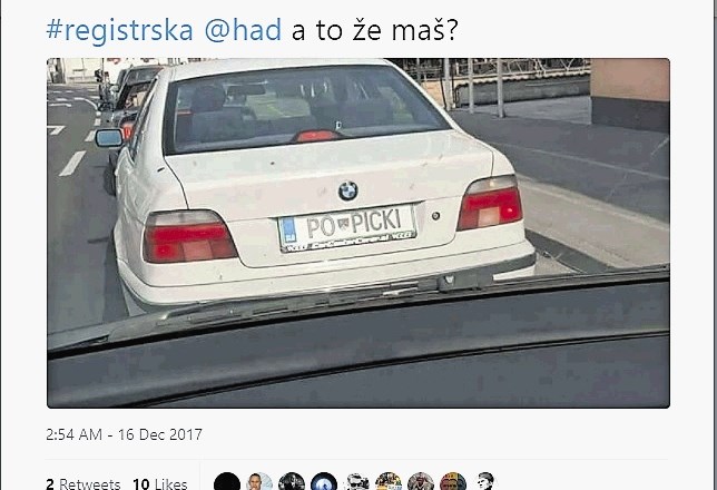 Novinar in bloger Roni Kordiš - Had na družbenem omrežju twitter objavlja fotografije registrskih tablic z izbranim delom...