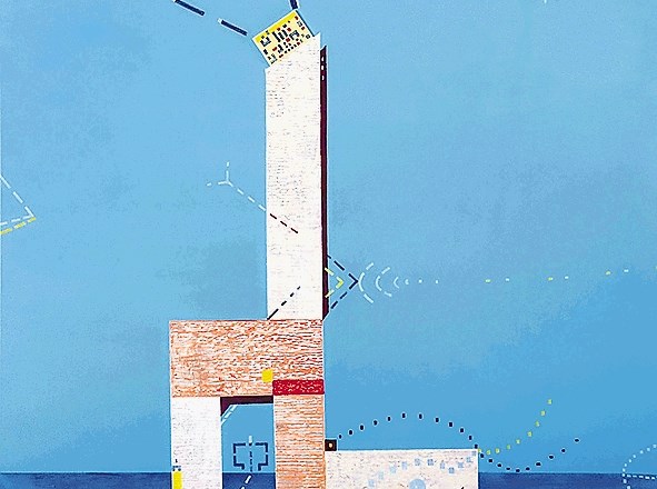 Klavdij Tutta: Brez naslova, cikel Mediteranski svetilniki, 2013, akril, kolaž, lepenka, platno, 80 x 80 x 2 cm
