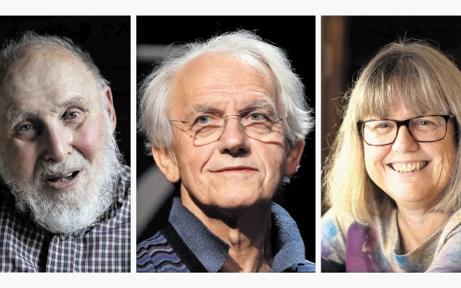 Letošnji Nobelovi nagrajenci za fiziko: z leve Američan Arthur Ashkin, Francoz Gerard Mourou in Kanadčanka Donna Strickland