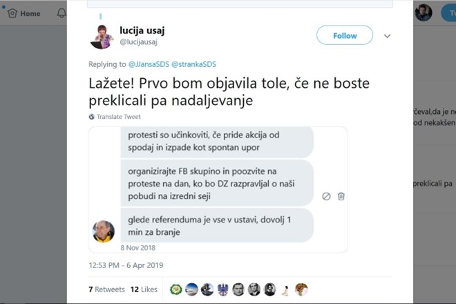 Tvit Lucije Šikovec Ušaj, v katerem razkriva navodila Janeza Janše.