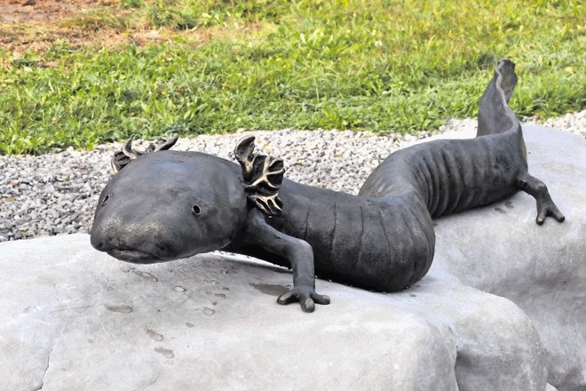 Skulpturo črne človeške ribice je izdelal kipar Boštjan Kavčič.