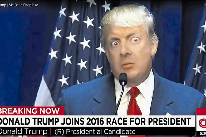 Satirični deepfake video, v katerem so obraz Donalda Trumpa nadomestili z gospodom Beanom (Rowan Atkinson).