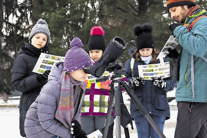 Otroci med opazovanjem ptic, ki ga organizira DOPPS