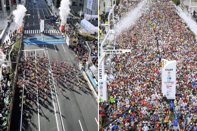 Primerjava letošnjega (levo) in lanskega (desno) maratona v Tokiu.