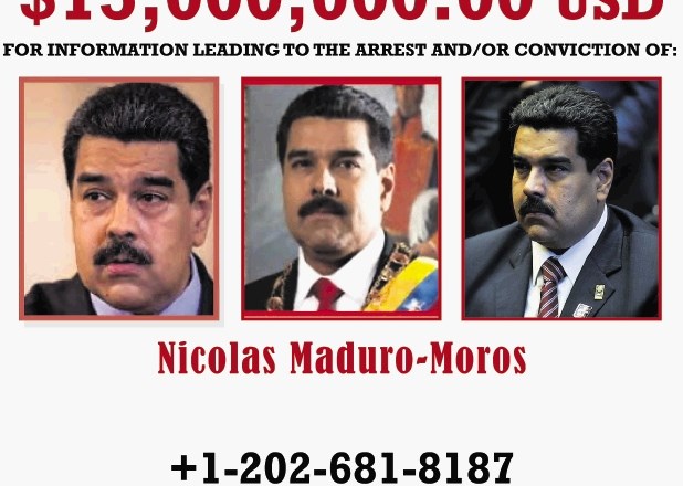 Plakat tiralice za Madurom, ki jo je objavilo ameriško pravosodno ministrstvo. Za informacije, ki bi pripeljale do njegove...