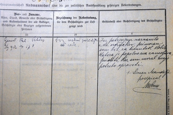 Detajl iz avstro-ogrskega kazenskega registra: hlapca Simona Mandeljca z Bleda so leta 1902 kaznovali zaradi opravljanja...