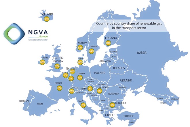 Zemljevid uporabe biometana po evropskih državah NGVA Europe