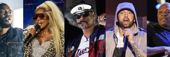Nastopajoči na februarskem super bowlu bodo: Kendrick Lamar, Mary J. Blige, Snoop Dogg, Eminem and Dr, Dre.