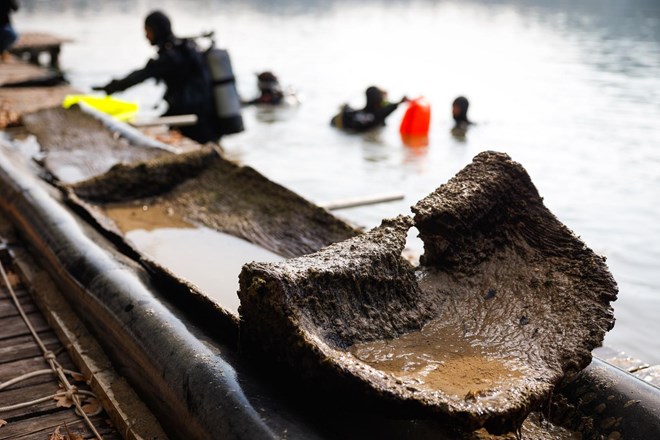 Iz Blejskega jezera dvignili 1200 let star deblak