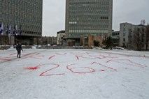 V sneg pred državnim zborom nekdo zapisal: »Ni vsaka kri rdeča«