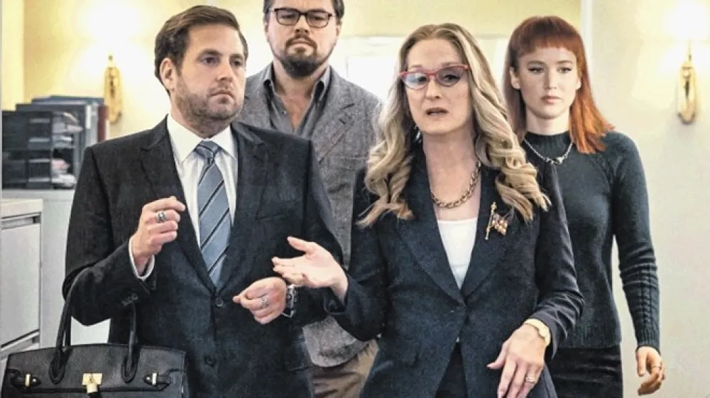 Film Don't Look Up je poln zvezdni&scaron;kih imen. Z leve proti desni: Jonah Hill, Leonardo DiCaprio, Meryl Streep in Jennifer Lawrence.