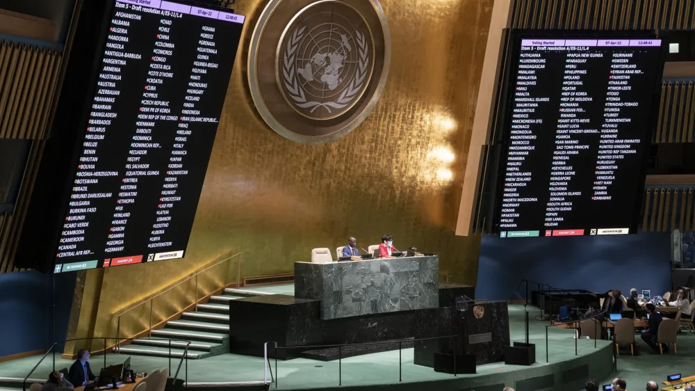 Voting commences on a resolution during a meeting of the United Nations General Assembly, Thursday, April 7, 2022, at United Nations headquarters. UN General Assembly approved a resolution suspending Russia from the world body's leading human rights organization. (AP Photo/John Minchillo)