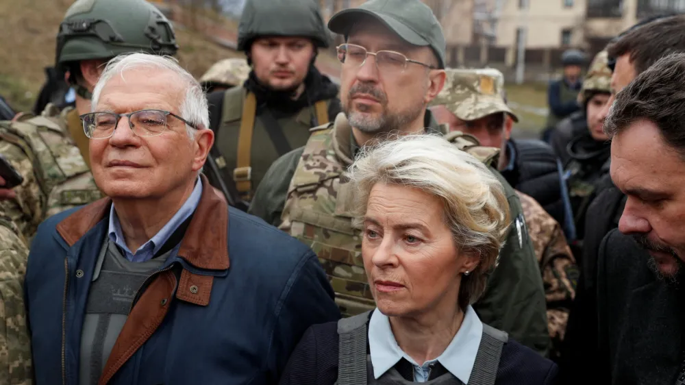 European Commission President Ursula von der Leyen and High Representative of the European Union for Foreign Affairs and Security Policy Josep Borrell look on as they visit the town of Bucha, as Russia's attack on Ukraine continues, outside of Kyiv, Ukraine April 8, 2022. REUTERS/Valentyn Ogirenko