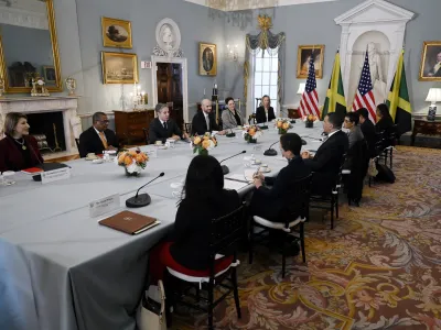 Secretary of State Antony Blinken meets with Jamaica's Prime Minister Andrew Holness at the State Department in Washington, Friday, April 1, 2022. (Olivier Douliery/Pool Photo via AP)