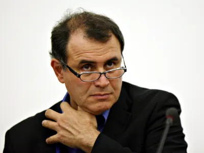 Nouriel Roubini, professor of economics at New York University, speaks during a panel discussion at the annual meetings of the International Monetary Fund and the World Bank, in Washington, D.C., U.S., on Sunday, Oct. 12, 2008. Photographer: Chris Kleponis/Bloomberg News<br>
