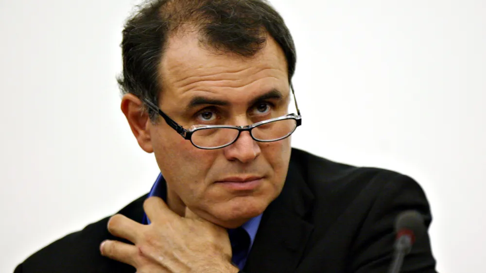 Nouriel Roubini, professor of economics at New York University, speaks during a panel discussion at the annual meetings of the International Monetary Fund and the World Bank, in Washington, D.C., U.S., on Sunday, Oct. 12, 2008. Photographer: Chris Kleponis/Bloomberg News<br>