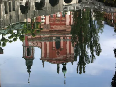 31.05.2022- Simbolična fotografija- vera, religija, Franči&scaron;kanska cerkev v Ljubljani, odsev Ljubljanica<br><br>Foto: Tomaž Skale