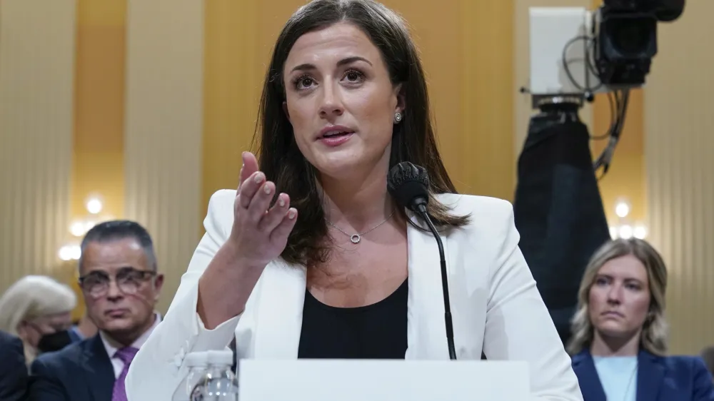 Cassidy Hutchinson, former aide to Trump White House chief of staff Mark Meadows, testifies as the House select committee investigating the Jan. 6 attack on the U.S. Capitol continues to reveal its findings of a year-long investigation, at the Capitol in Washington, Tuesday, June 28, 2022. (AP Photo/Jacquelyn Martin)