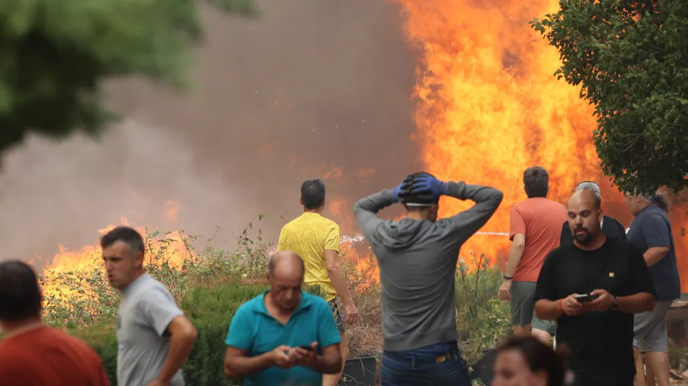 13 August 2022, Spain, Zaragoza: Residents are evacuated from flames of a forest fire raging in the municipality of Anon de Moncayo. Photo: Fabi&aacute;n Sim&oacute;n/EUROPA PRESS/dpa