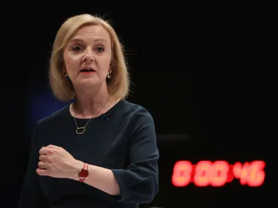 Britain's Conservative leadership candidate Liz Truss speaks during a hustings event, part of the Conservative party leadership campaign, at Perth Concert Hall, in Perth, Scotland, Britain August 16, 2022. REUTERS/Russell Cheyne