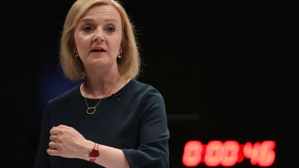 Britain's Conservative leadership candidate Liz Truss speaks during a hustings event, part of the Conservative party leadership campaign, at Perth Concert Hall, in Perth, Scotland, Britain August 16, 2022. REUTERS/Russell Cheyne