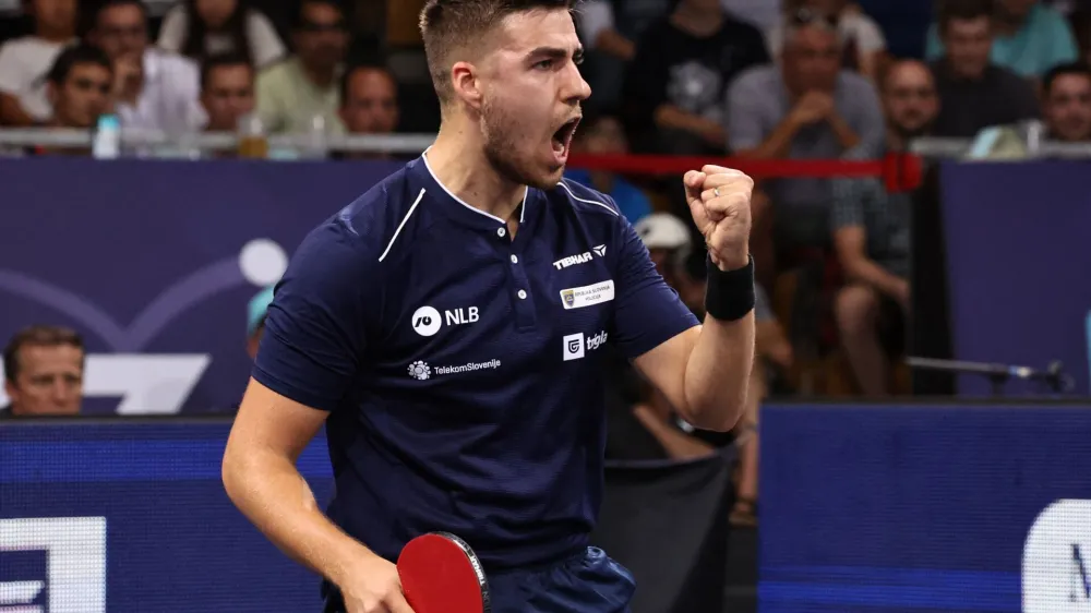 2022 European Championships - Table Tennis - Rudi-Sedlmayer-Halle, Munich, Germany - August 21, 2022 Slovenia's Darko Jorgic reacts during the Men's Singles Gold Medal match against Germany's Dang Qiu REUTERS/Lukas Barth