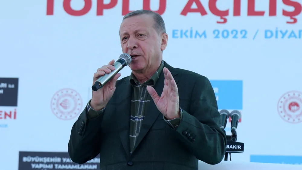 Turkish President Tayyip Erdogan addresses his supporters during an opening ceremony in Diyarbakir, Turkey October 23, 2022. REUTERS/Sertac Kayar