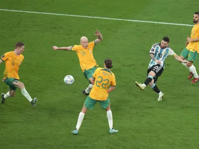 Argentina's Lionel Messi makes an attempt to score during the World Cup round of 16 soccer match between Argentina and Australia at the Ahmad Bin Ali Stadium in Doha, Qatar, Saturday, Dec. 3, 2022. (AP Photo/Alessandra Tarantino)