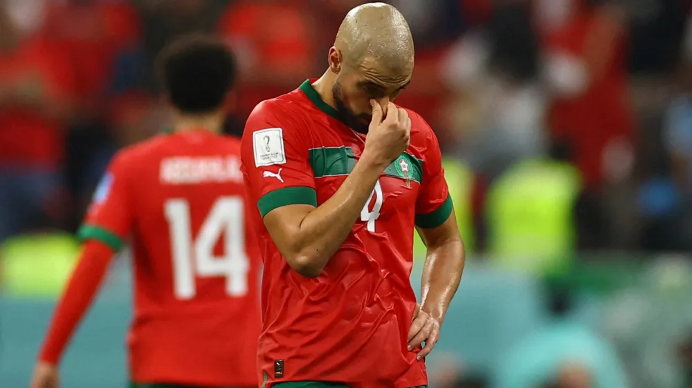 Soccer Football - FIFA World Cup Qatar 2022 - Semi Final - France v Morocco - Al Bayt Stadium, Al Khor, Qatar - December 14, 2022 Morocco's Sofyan Amrabat reacts REUTERS/Kai Pfaffenbach   TPX IMAGES OF THE DAY
