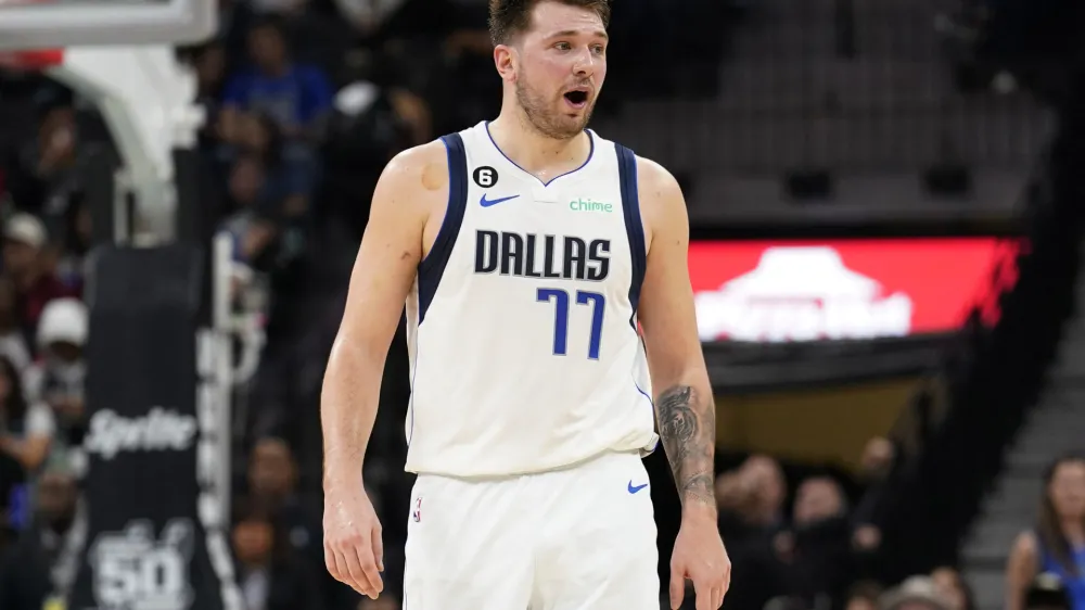 Dec 31, 2022; San Antonio, Texas, USA; Dallas Mavericks guard Luka Doncic (77) argues a call with an official during the second half against the San Antonio Spurs at AT&T Center. Mandatory Credit: Scott Wachter-USA TODAY Sports