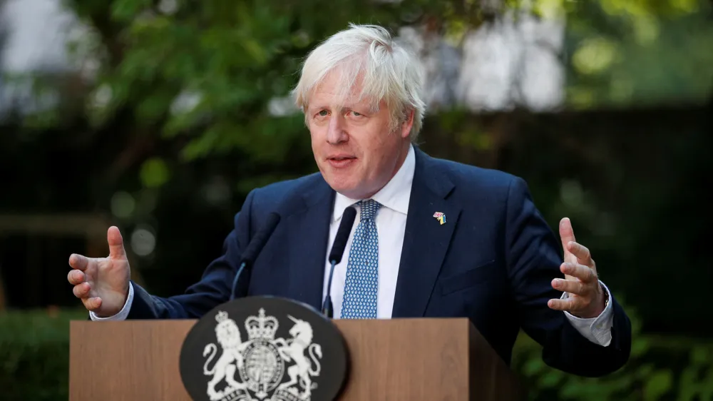 09 August 2022, United Kingdom, London: UK&nbsp;Prime Minister Boris Johnson makes a speech during a Points of Light reception at Downing Street. Photo: Peter Nicholls/PA Wire/dpa