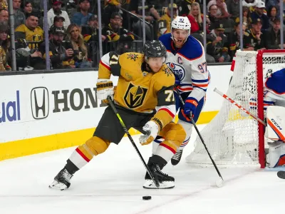 May 3, 2023; Las Vegas, Nevada, USA; Vegas Golden Knights center William Karlsson (71) skates ahead of Edmonton Oilers center Connor McDavid (97) during the second period of game one of the second round of the 2023 Stanley Cup Playoffs at T-Mobile Arena. Mandatory Credit: Stephen R. Sylvanie-USA TODAY Sports