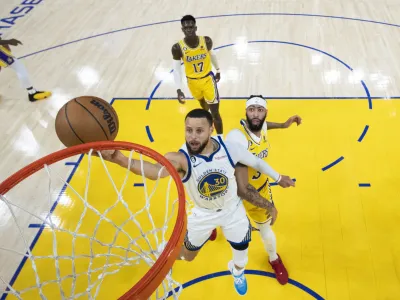 May 10, 2023; San Francisco, California, USA; Golden State Warriors guard Stephen Curry (30) shoots the basketball against Los Angeles Lakers forward Anthony Davis (3) during the third quarter in game five of the 2023 NBA playoffs conference semifinals round at Chase Center. Mandatory Credit: Kyle Terada-USA TODAY SportsMay 10, 2023; San Francisco, California, USA; XXXX during the first half in game five of the 2023 NBA playoffs conference semifinals round at Chase Center. Mandatory Credit: Kyle Terada-USA TODAY Sports