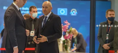predsednik vlade Janez Janša predsednik Srbije Aleksandar Vučić, - 06.10.2021 – Brdo pri Kranju - Slovensko predsedovanje Svetu Evropske unije 2021 - Vrh EU-Zahodni Balkan - dvodnevno srečanje voditeljev vlad in držav članic EU ter partneric z Zahodnega Balkana  //FOTO: Luka Cjuha.
