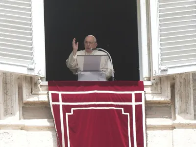 Pope Francis delivers the Regina Coeli noon prayer in St. Peter's Square at the Vatican, Sunday, May 14, 2023. (AP Photo/Gregorio Borgia)