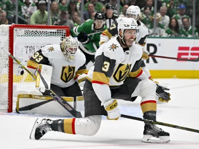May 29, 2023; Dallas, Texas, USA; Vegas Golden Knights defenseman Brayden McNabb (3) blocks a shot by the Dallas Stars during the first period in game six of the Western Conference Finals of the 2023 Stanley Cup Playoffs at American Airlines Center. Mandatory Credit: Jerome Miron-USA TODAY Sports