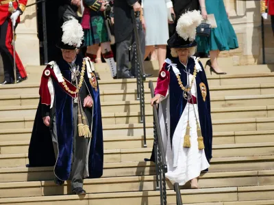 King Charles III and Queen Camilla depart the annual Order of the Garter Service at St George's Chapel, Windsor Castle, Berkshire, Britain, June 19, 2023.Yui Mok/Pool via REUTERS